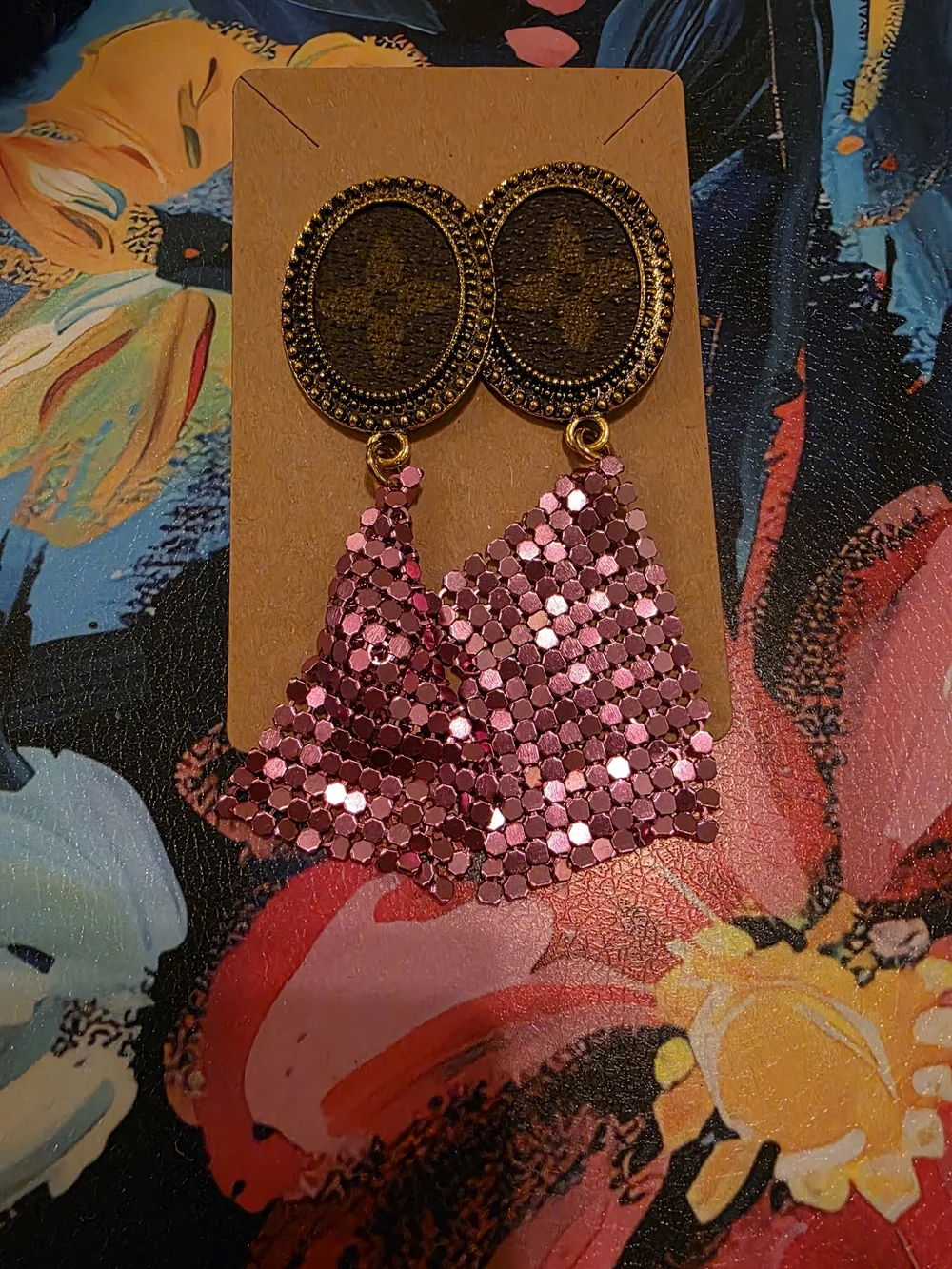 Gold-Tone Leather Oval Pink Sequin Drop Earrings